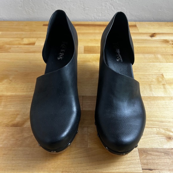 Korks Arielle Kork Ease Black Leather Wood Heel Clogs D'Orsay Shoes Size 9 - Picture 3 of 10
